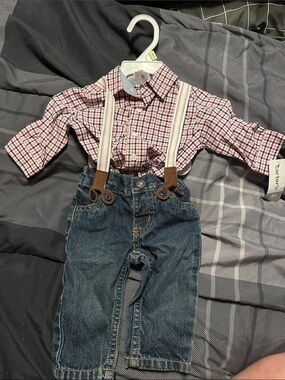 Carter's Pink Plaid Shirt with Beige Suspenders and Blue Denim Pants